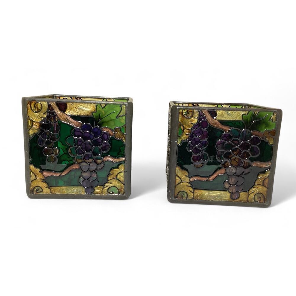 Joan Baker Stained glass candle holder grapes 1 pair